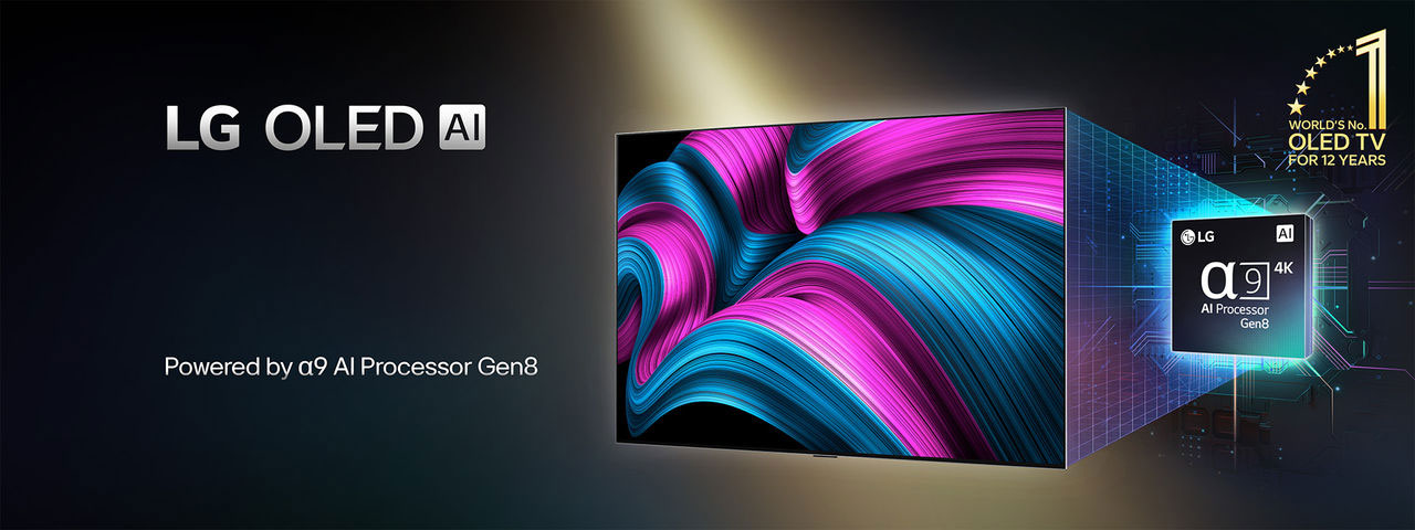 LG OLED evo AI -television ruudulla on abstrakti kuva, jossa on vaikuttavat yksityiskohdat, väri ja kontrasti. Television takana on suurennettu versio alpha 9 AI Processor Gen8 -tekoälyprosessorista. Se hehkuu valossa, joka valaisee mikrosirupiirejä sen ympärillä. Otsikko on LG OLED evo AI. Kuvassa näkyy myös teksti: toimii LG alpha 9 AI processor Gen8 -tekoälyprosessorilla. Nurkassa on kultainen tähtilogo, jossa lukee Maailman numero yksi OLED TV 12 vuoden ajan. 