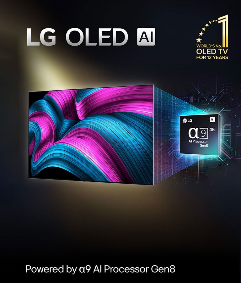 LG OLED evo AI -television ruudulla on abstrakti kuva, jossa on vaikuttavat yksityiskohdat, väri ja kontrasti. Television takana on suurennettu versio alpha 9 AI Processor Gen8 -tekoälyprosessorista. Se hehkuu valossa, joka valaisee mikrosirupiirejä sen ympärillä. Otsikko on LG OLED evo AI. Kuvassa näkyy myös teksti: toimii LG alpha 9 AI processor Gen8 -tekoälyprosessorilla. Nurkassa on kultainen tähtilogo, jossa lukee Maailman numero yksi OLED TV 12 vuoden ajan. 