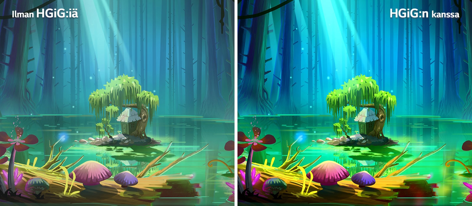 Animoitu kuva, jossa on pieni talo ja puu pienellä maapalalla keskellä lampea korkeiden ja oksattomien puiden ympäröimänä. Kuvassa on teksti “With HGiG” (HGiG:n kanssa), ja se on kirkkaampi ja sen kuvanlaatu on parempi ilman HGiG:iä olevaan kuvaan verrattuna.