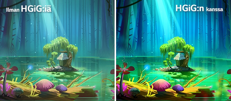Animoitu kuva, jossa on pieni talo ja puu pienellä maapalalla keskellä lampea korkeiden ja oksattomien puiden ympäröimänä. Kuvassa on teksti “With HGiG” (HGiG:n kanssa), ja se on kirkkaampi ja sen kuvanlaatu on parempi ilman HGiG:iä olevaan kuvaan verrattuna.