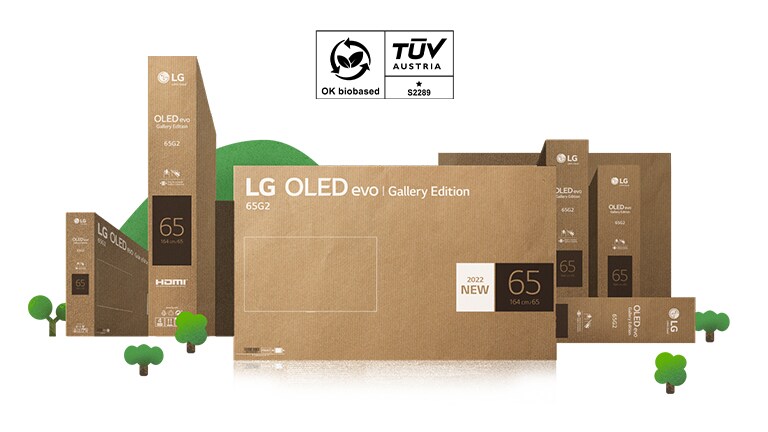 Ympäristöystävällinen LG OLED -pahvipakkaus kuvattuna kukoistavien puiden ja vuorten keskellä.