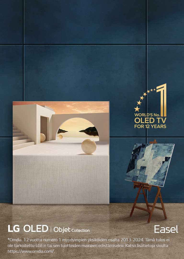 LG OLED Easel TV nojaa seinään. Sen vierellä on oikea maalaus maalaustelineessä. TV:n muotoilun ansiosta se näyttää todelliselta maalaukselta maalaustelineessä. Nurkassa on World's No. 1 OLED TV for 12 Years (Maailman numero yksi OLED TV 12 vuoden ajan) -tunnus. LG OLED-, Objet Collection- ja Easel-tuotelogot ovat myös näkyvillä.