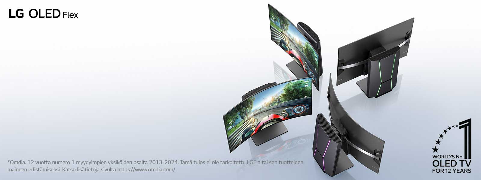 Hieman vinosti ylhäältä nähdään neljä LG OLED Flex TV:tä, jotka on asetettu niin, että TV:n uniikki kaareva näyttö näkyy. Kilpailuvideo näkyy TV:ssä, jonka näyttö on näkyvillä. Nurkassa on World's No. 1 OLED TV for 12 Years (Maailman numero yksi OLED TV 12 vuoden ajan) -tunnus. LG OLED Flex -tuotelogo on näkyvillä.