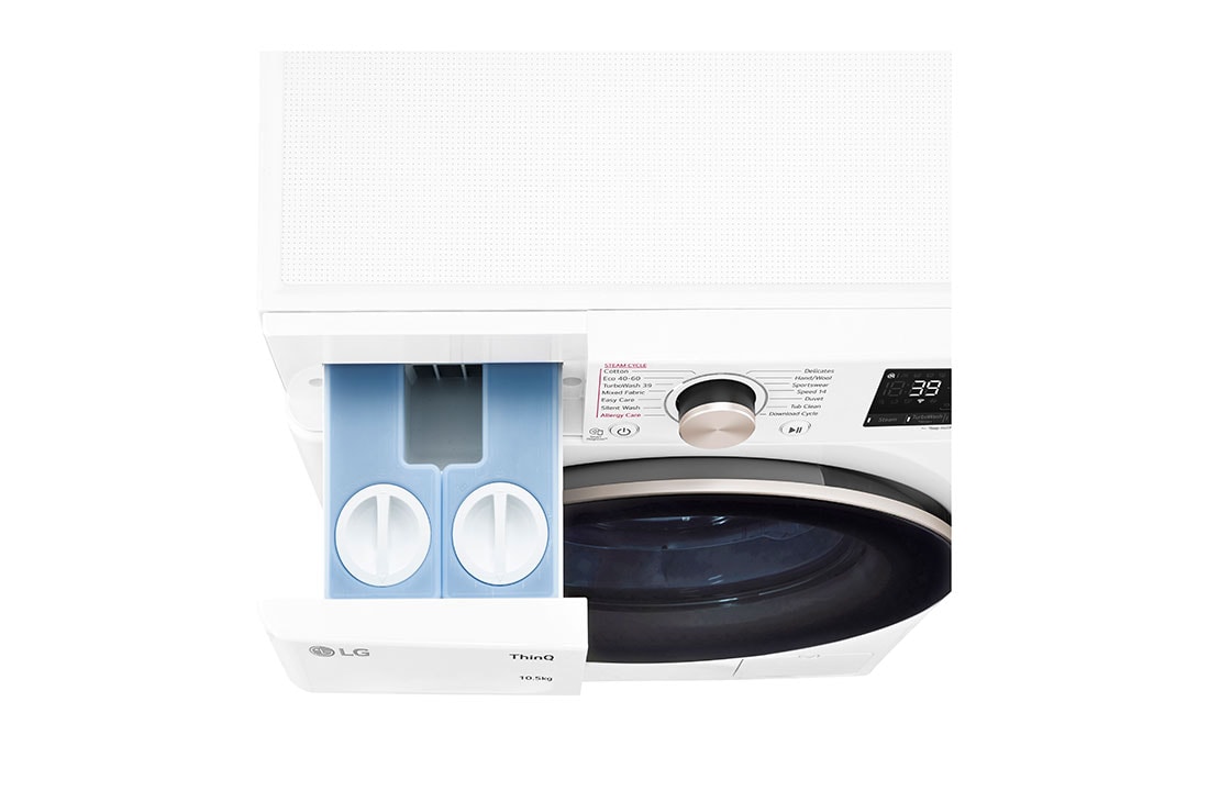 LG 10.5 kg Vaskemaskin(Hvid) - Auto Dose, Steam, Energiklasse A, TurboWash360™, AI DD™, Smart Diagnosis™ med Wi-Fi, drawer detail, FV96JNS2WA, thumbnail 6