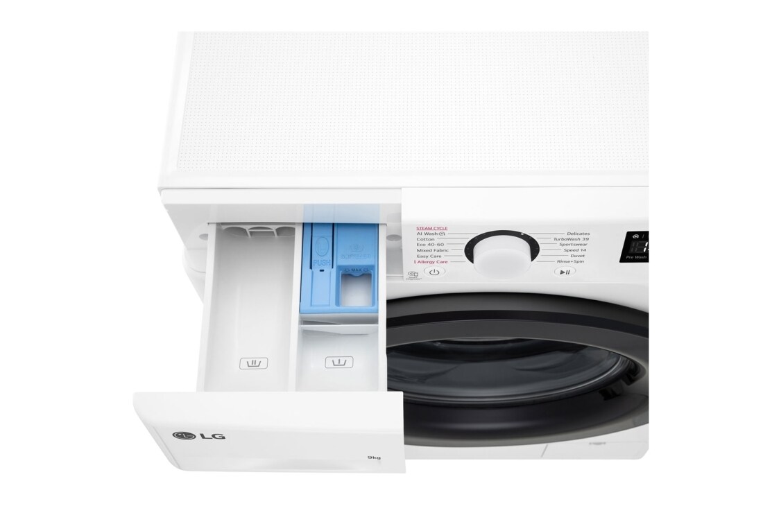 LG 9 kg Pyykinpesukone(Valkoinen) - Steam, Energialuokka A, TurboWash360™, AI DD™, Smart Diagnosis™ , Top perspective view with detergent port open, F4Y5VYP6WY, thumbnail 6