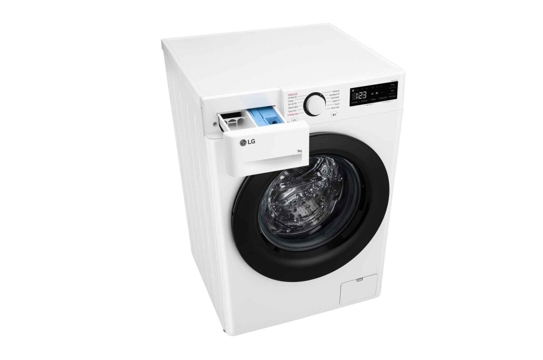 LG 9 kg Pyykinpesukone(Valkoinen) - Steam, Energialuokka A, TurboWash360™, AI DD™, Smart Diagnosis™ , Top perspective view with detergent port open, F4Y5VYP6WY, thumbnail 9