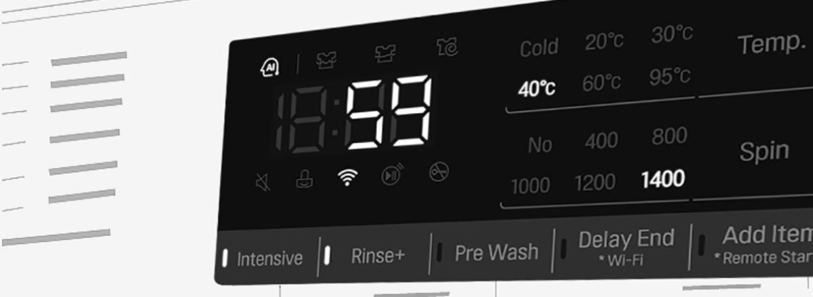 Tässä on suurennettu kuva pesukoneen käyttöpaneelista niin, että näyttö on selvästi näkyvissä.