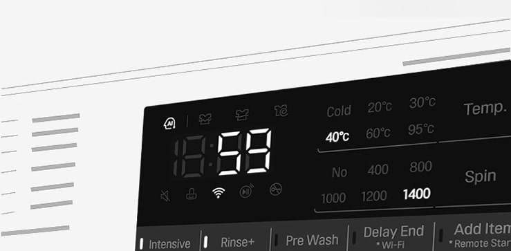 Tässä on suurennettu kuva pesukoneen käyttöpaneelista niin, että näyttö on selvästi näkyvissä.