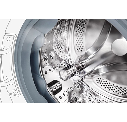 Kuva pesukoneen sisäpuolelta, jossa ruostumattomasta teräksestä valmistetut rummut näkyvät.