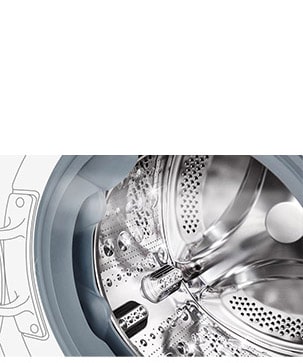 Kuva pesukoneen sisäpuolelta, jossa ruostumattomasta teräksestä valmistetut rummut näkyvät.