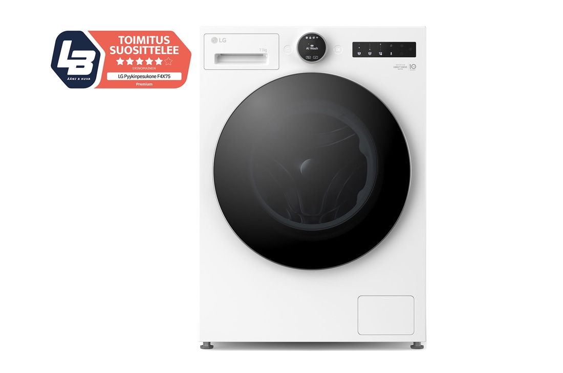 LG 11 kg Pyykinpesukone(Essence White) - Energialuokka A, LCD-paneelilla, TurboWash360™, AI DD™, Smart Diagnosis™ kanssa Wi-Fi, front view, F4X7511TWS