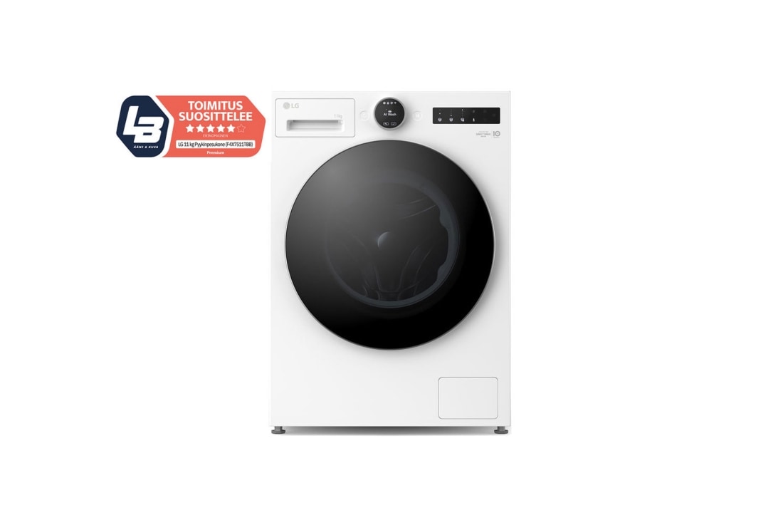 LG 11 kg Pyykinpesukone(Valkoinen) - Energialuokka A, LCD-paneelilla, TurboWash360™, AI DD™, Smart Diagnosis™ kanssa Wi-Fi, front view, F4X7511TWS
