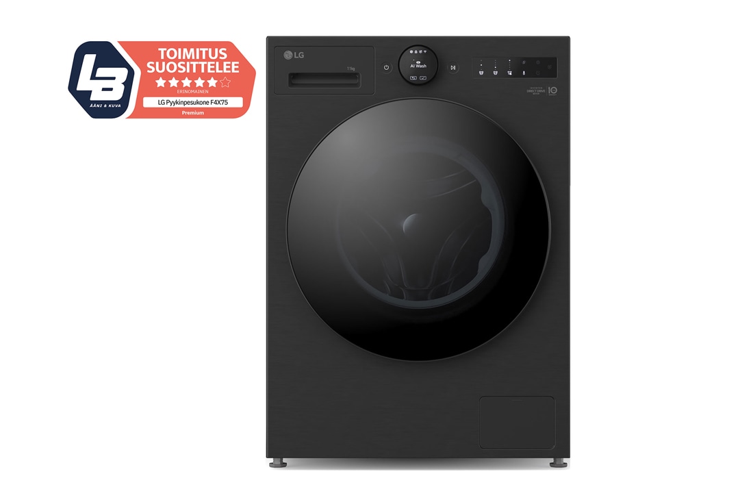 LG 11 kg Pyykinpesukone(Essence Black) - Energialuokka A, LCD-paneelilla, Auto Dose, TurboWash360™, AI DD™, Smart Diagnosis™ kanssa Wi-Fi, front view, F4X7511TBB