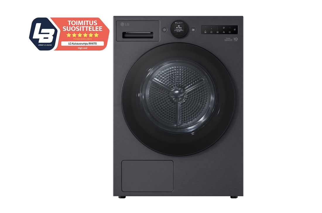 LG 9 kg Kuivausrumpu(Essence Black) - Energialuokka A+++, LCD-paneelilla, DUAL Inverter Heat Pump™, Smart Diagnosis™ kanssa Wi-Fi, front view, RHX7009TBB