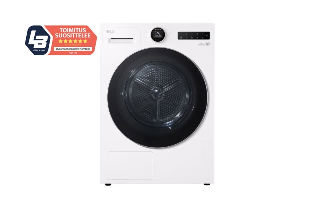 LG 9 kg Kuivausrumpu(Essence White) - Energialuokka A+++, LCD-paneelilla, DUAL Inverter Heat Pump™, Smart Diagnosis™ kanssa Wi-Fi, front view, RHX7009TWS