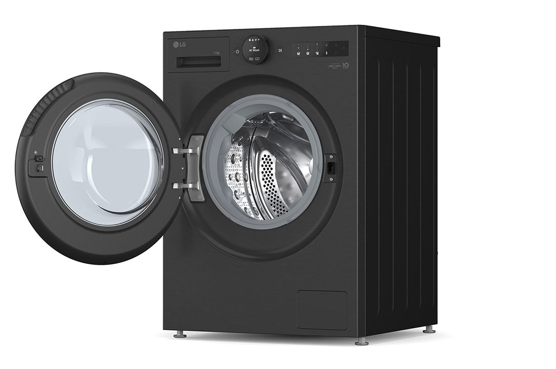 LG  11 kg Pyykinpesukone(Essence Black) - Energialuokka A, LCD-paneelilla, TurboWash360™, AI DD™, Smart Diagnosis™ kanssa Wi-Fi, Side view open door, F4X7011TBB, thumbnail 9