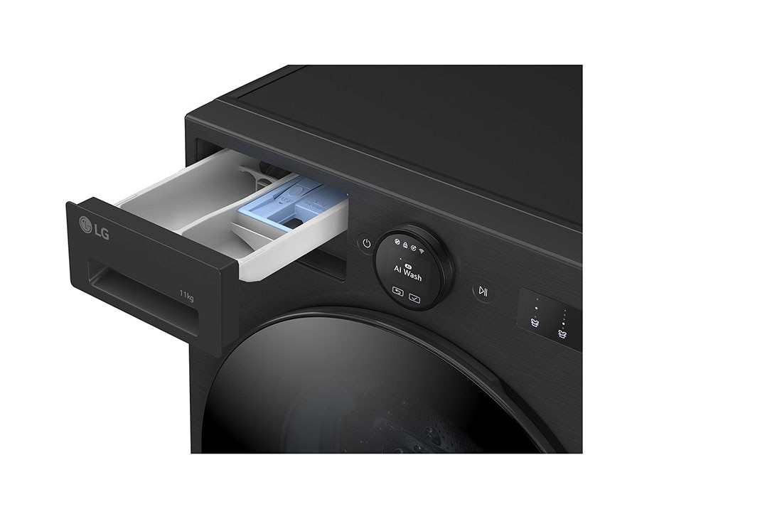 LG  11 kg Pyykinpesukone(Essence Black) - Energialuokka A, LCD-paneelilla, TurboWash360™, AI DD™, Smart Diagnosis™ kanssa Wi-Fi, Side view open door, F4X7011TBB, thumbnail 6