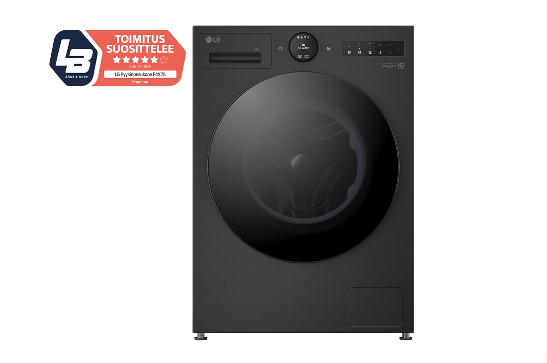 LG 9 kg Pyykinpesukone(Essence Black) - Energialuokka A, LCD-paneelilla, Auto Dose, TurboWash360™, AI DD™, Smart Diagnosis™ kanssa Wi-Fi, Front with logo view, F4X7509TBB