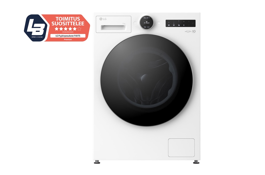 LG 13 kg Pyykinpesukone(Essence White) - Energialuokka A, LCD-paneelilla, Auto Dose, TurboWash360™, AI DD™, Smart Diagnosis™ kanssa Wi-Fi, Front view, F4X7513TWS