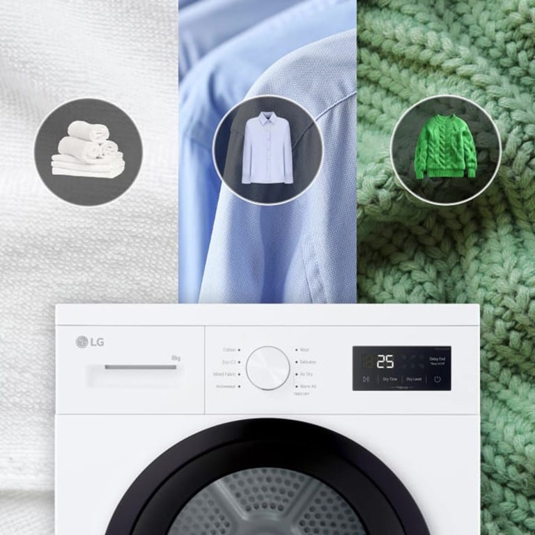 Video näyttää kuivausvalinnan valinnoilla pyyhkeille, paidoille ja villakankaille