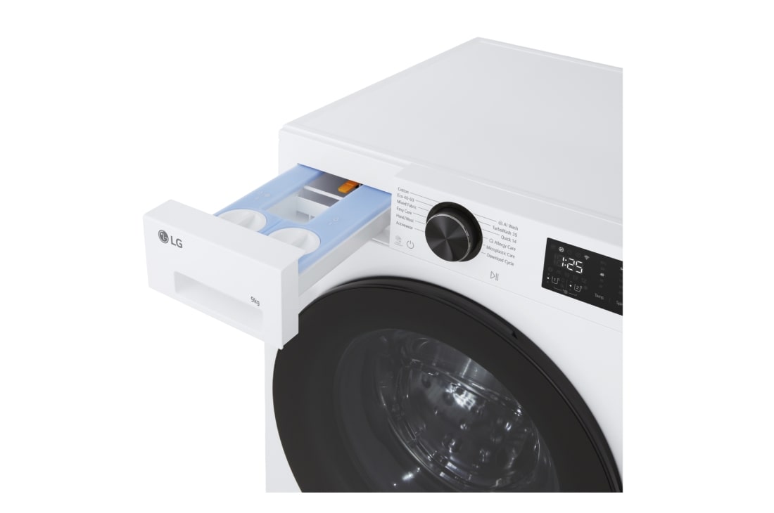 LG 9kg Pyykinpesukone (Valkoinen) | Energialuokka A, Auto Dose, TurboWash™360, AI DD™, Smart Diagnosis™ ja Wi-Fi, Tämän LG-pesukoneen kapasiteetti on suuri, 9 kg, joten voit pestä paljon vaatteita samaan aikaan ja automaattinen annostelu, TurboWash360™ ja Steam™, F4X5509TLB, thumbnail 5