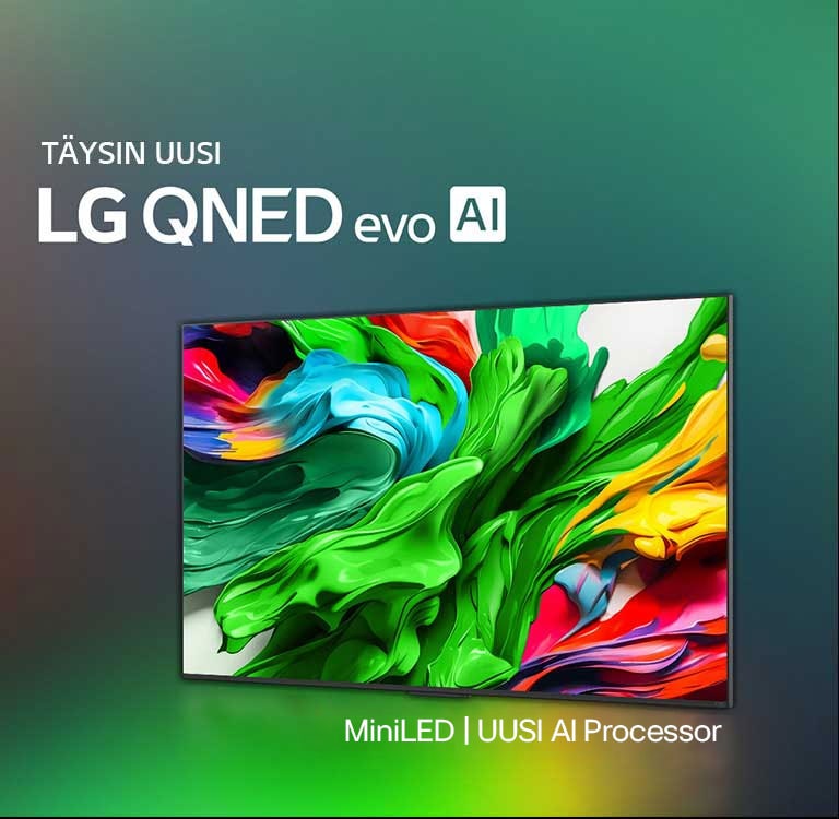LG QNED TV värikästä tummasävyistä taustaa vasten. Näytöllä näkyy kirkasta ja värikästä taidetta, joka esittelee QNEDin väriteknologiaa ja kykyä näyttää suuri sävyspektri suurella kontrastilla. Täysin uusi LG QNED evo AI -logo on näkyvillä. Tekstityksissä kiinnitetään huomio QNEDin MiniLEDiin ja uuteen alpha AI Processor -tekoälyprosessoriin. Otsikossa lukee Entistä tarkemmat värit tuovat uudenlaisen kokemuksen.