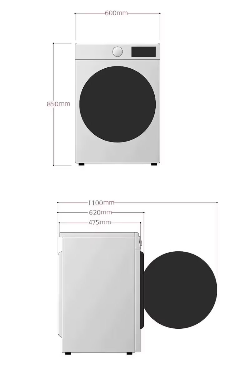 Pesukoneen mallikuva. Mittakriteerit ovat (W, H, D", D', D): W on pesukoneen leveys, H on korkeus, D" on syvyys luukun ollessa auki, D' on syvyys luukun ollessa suljettuna ja D on pesukoneen syvyys luukkua lukuun ottamatta.
