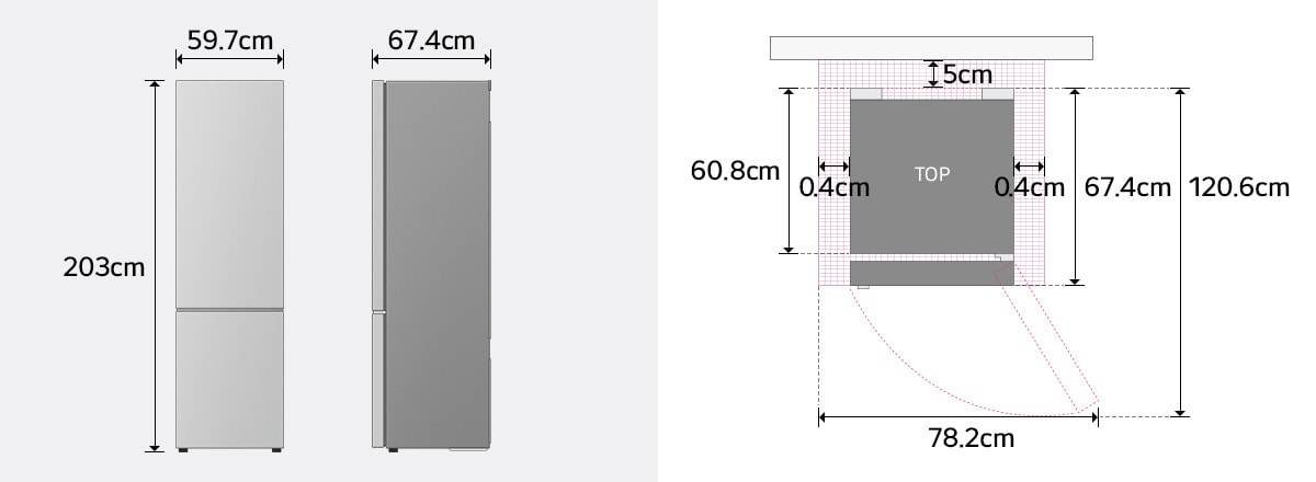 Etu- ja sivunäkymä LG-jääkaappipakastimen (GBBS726CPY) mitoista: 203&nbsp;cm korkeus, 59,7&nbsp;cm leveys, 67,4&nbsp;cm syvyys