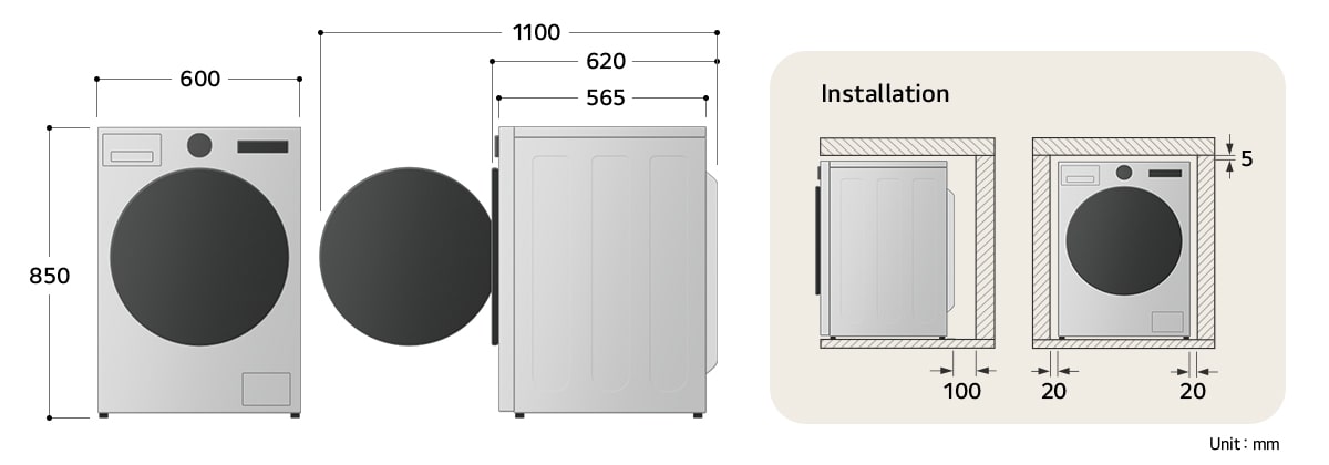 LG:n valkoisen etutäyttöisen pesukoneen (F4X9EUP25M) mitat: 600×565×850 mm (1 100 mm luukku auki). Suositeltu tyhjä tila: 100 mm takana, 20 mm sivulla ja 5 mm päällä.)