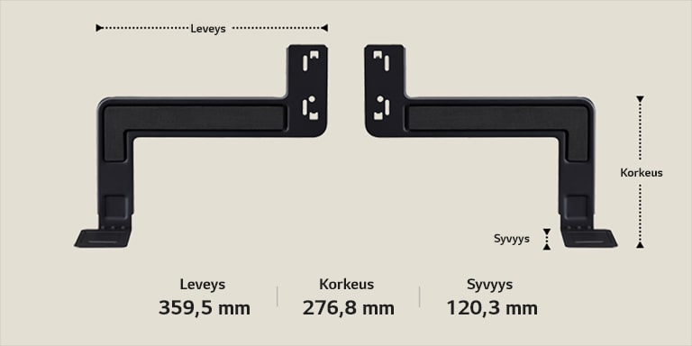 Kaksi WOW Bracket -jalustan komponenttia vaakasuunnassa beigellä taustalla. Nuolet osoittavat leveyden, korkeuden ja syvyyden. Alhaalla on seuraavat tekniset tiedot: Leveys 359,5 mm; Korkeus 276,8 mm; Syvyys 120,3 mm.