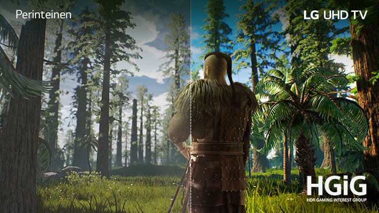 TV-ruudulla näkyy pelipaikka, jossa mies seisoo keskellä metsää. Toisella puolella näkyy perinteinen näyttö, jonka kuvanlaatu on heikko. Toisella puolella näkyy elävä, terävä LG UHD TV -kuvanlaatu.