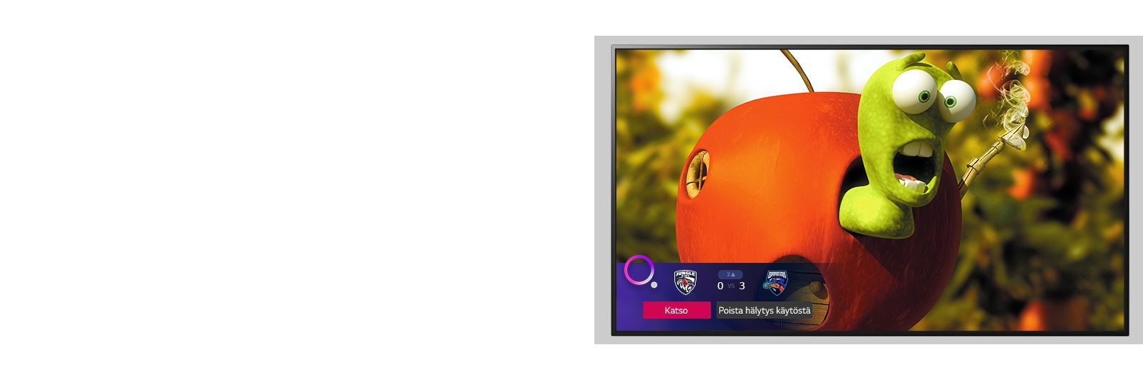 TV, jossa näkyy animaatiosarjan hahmo ja urheiluhälytys (Sports Alert) alimpana näytöllä.