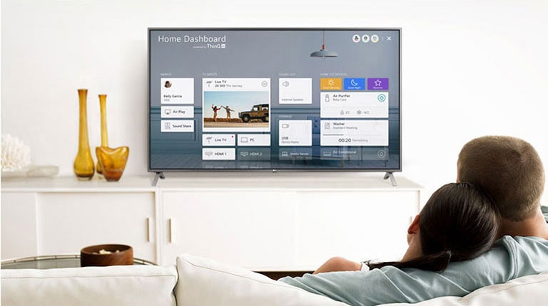 Miehet ja naiset istuvat olohuoneen sohvalla Home Dashboardin näkyessä TV-ruudulla.