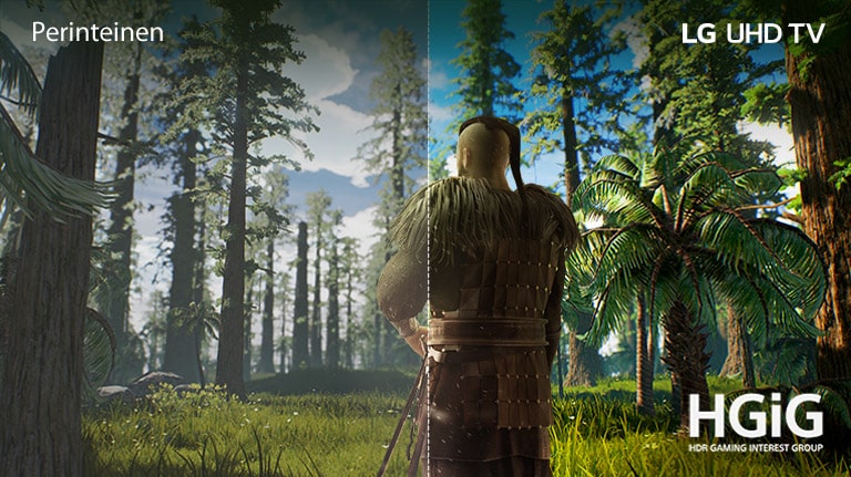 TV-ruudulla näkyy pelipaikka, jossa mies seisoo keskellä metsää. Toisella puolella näkyy perinteinen näyttö, jonka kuvanlaatu on heikko. Toisella puolella näkyy elävä, terävä LG UHD TV -kuvanlaatu.