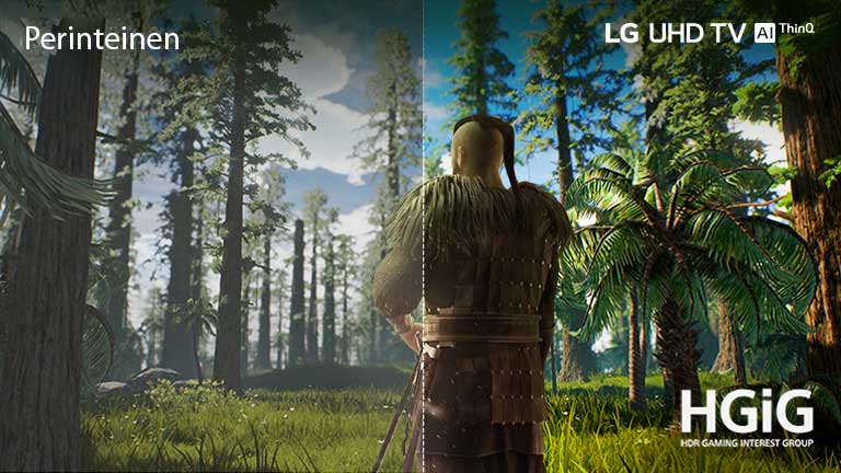 TV-ruudulla näkyy pelipaikka, jossa mies seisoo keskellä metsää. Toisella puolella näkyy perinteinen näyttö, jonka kuvanlaatu on heikko. Toisella puolella näkyy elävä, terävä LG UHD TV -kuvanlaatu.