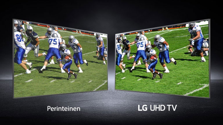 Kuva pelaajasta jalkapallokentällä eri näkymissä. Yksi näkyy perinteisellä näytöllä ja toinen UHD TV -näytöllä.