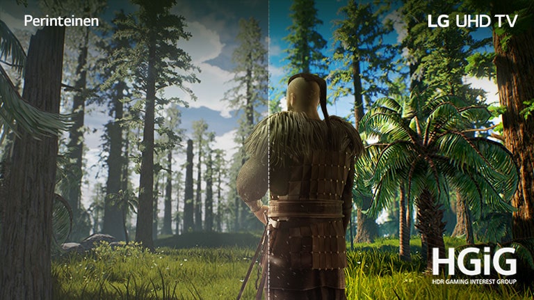 TV-ruudulla näkyy pelipaikka, jossa mies seisoo keskellä metsää. Toisella puolella näkyy perinteinen näyttö, jonka kuvanlaatu on heikko. Toisella puolella näkyy elävä, terävä LG UHD TV -kuvanlaatu.