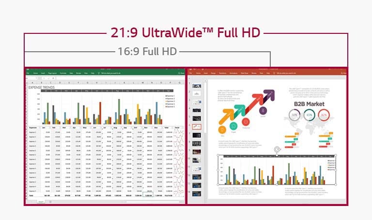 Taulukkonäkymien ja diojen näyttökuva rinnakkain 21:9 UltraWide Full HD -näytöllä. 16:9 Full HD -näyttö ei salli tätä sen riittämättömän tilan vuoksi.