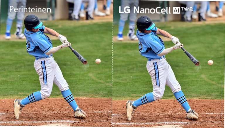 Jalkapallo-ottelun kohtauksen toinen puoli LCD-/LED-televisiossa epätarkalla kuvanalaadulla ja toinen puoli LG NanoCell -televisiossa selkeällä kuvanlaadulla