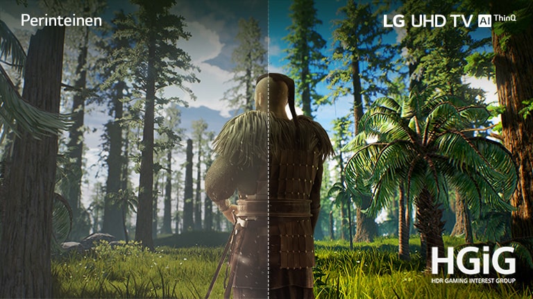TV-ruudulla näkyy pelipaikka, jossa mies seisoo keskellä metsää. Toisella puolella näkyy perinteinen näyttö, jonka kuvanlaatu on heikko. Toisella puolella näkyy elävä, terävä LG UHD TV -kuvanlaatu.