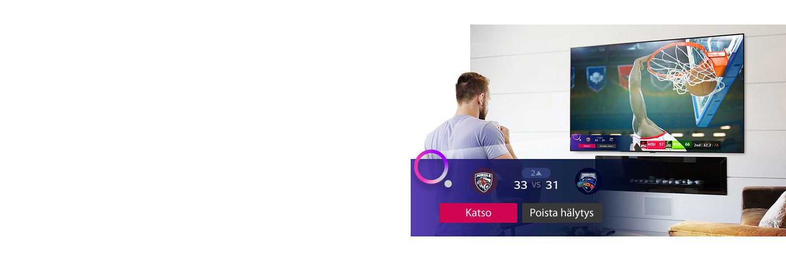 Tv-ruudulla näkyy koripallo-ottelu ja Sports Alert -toiminto