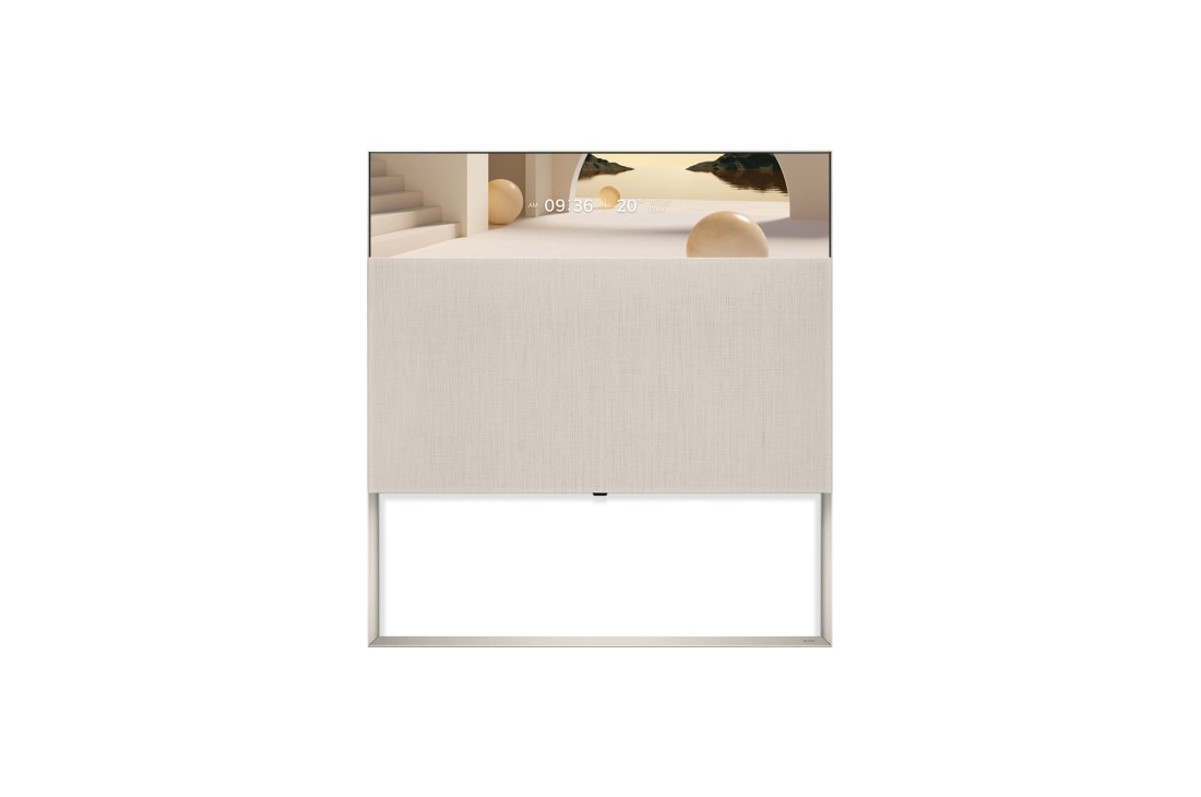 LG OLED | Objet Collection Easel, Easel edestä linjanäkymässä, näytöllä kellotila beigenvärisellä arkkitehtonisella teemalla., 65ART90E6QA, thumbnail 6