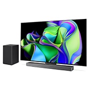 LG 65'' OLED evo C3 - 4K TV (2023), Sivunäkymä oikealta hieman viistosta, alla Soundbar ja vieressä lisäkaiutin. , OLED65C34LA, thumbnail 2
