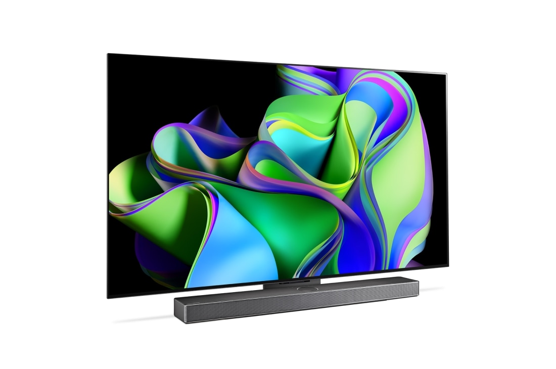 LG 65'' OLED evo C3 - 4K TV (2023), Sivunäkymä vasemmalta hieman viistosta, alla Soundbar. , OLED65C34LA, thumbnail 3