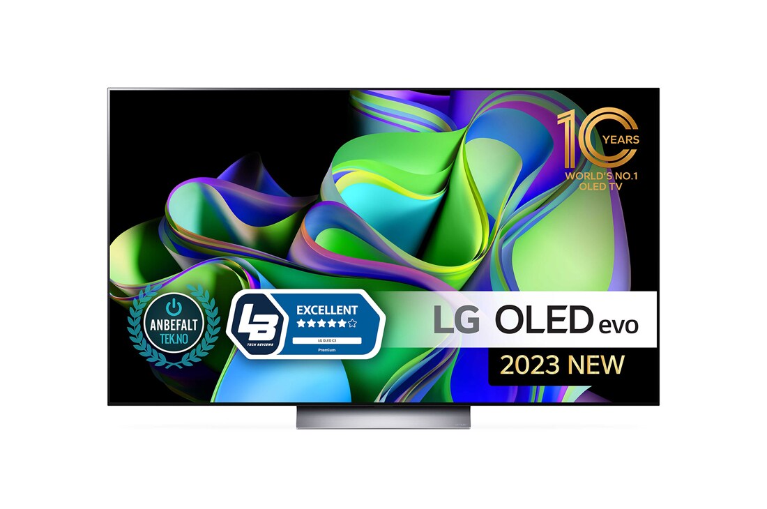 LG 65'' OLED evo C3 - 4K TV (2023), Näkymä edestä: LG OLED evo ja näytöllä 10 Years World No.1 OLED -merkki., OLED65C36LC