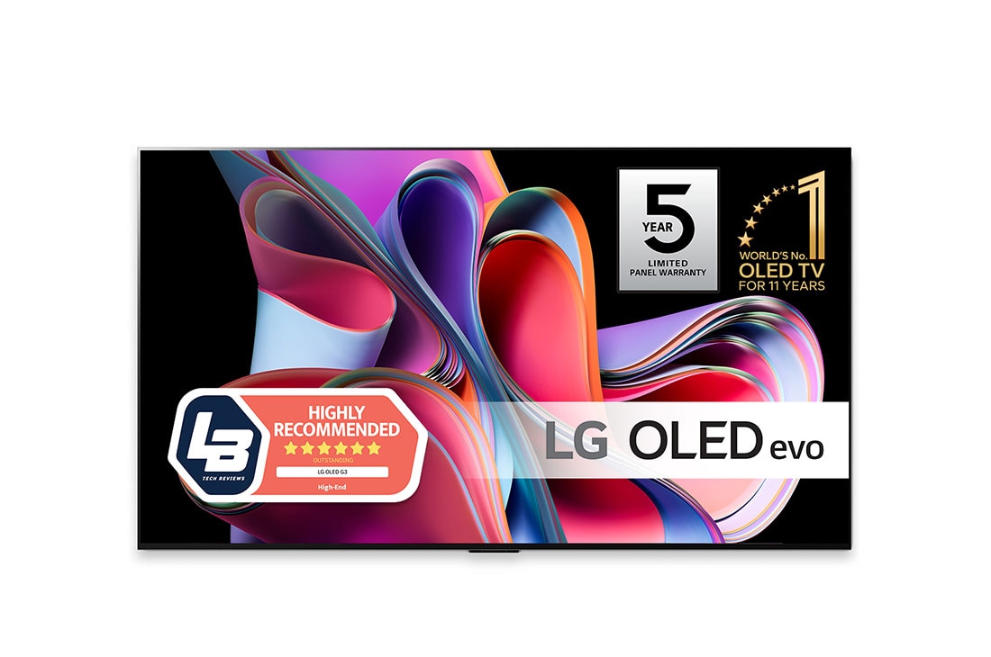 LG 55'' OLED evo G3 - 4K TV (2023), Etunäkymässä LG OLED evo, tunnuskuva 11 Years World No.1 OLED (10 vuotta maailman johtava OLED) ja näytössä viiden vuoden paneelitakuun logo, OLED55G36LA