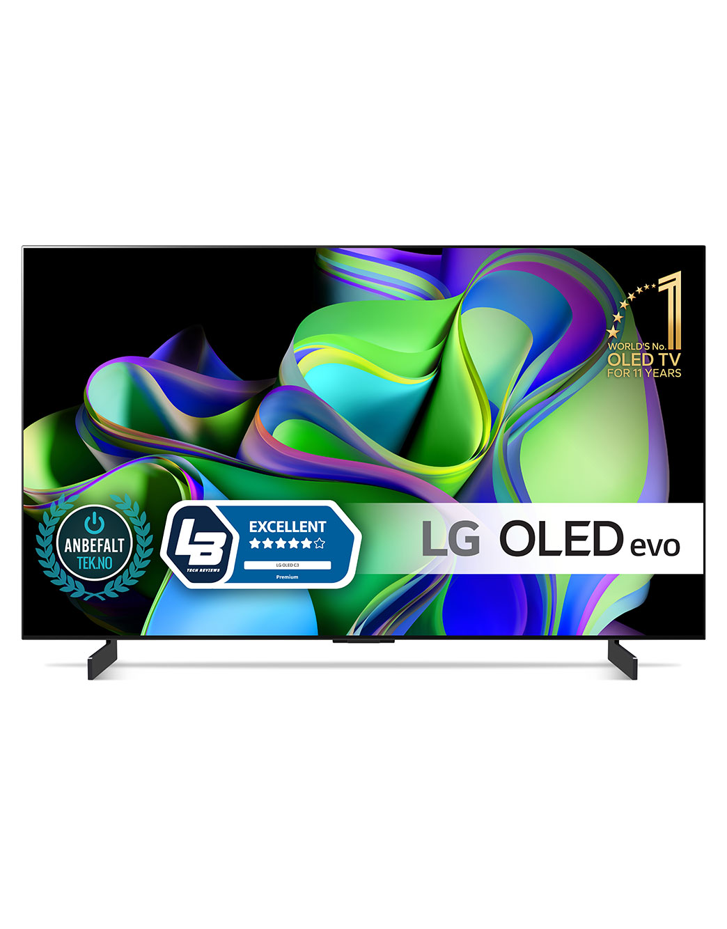 LG 42'' OLED evo C3 - 4K TV (2023), Näkymä edestä: LG OLED evo ja näytöllä 11 Years World No.1 OLED -merkki., OLED42C35LA