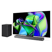 LG 55'' OLED evo C3 - 4K TV (2023), Sivunäkymä oikealta hieman viistosta, alla Soundbar ja vieressä lisäkaiutin. , OLED55C35LA, thumbnail 3