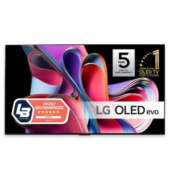 Etunäkymässä LG OLED evo, tunnuskuva 10 Years World No.1 OLED (10 vuotta maailman johtava OLED) ja näytössä viiden vuoden paneelitakuun logo1
