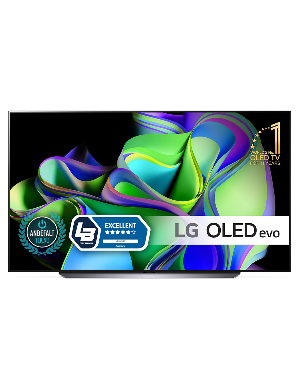 LG 83'' OLED evo C3 - 4K TV (2023), Näkymä edestä: LG OLED evo ja näytöllä 11 Years World No.1 OLED -merkki., OLED83C36LA